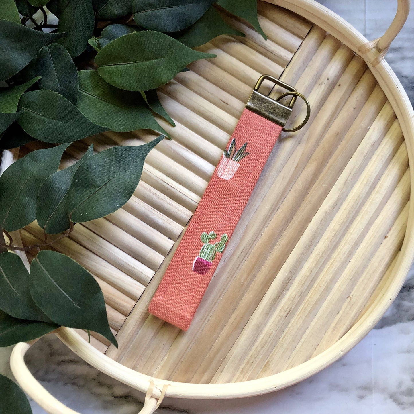 MDStickerShop - Potted Plants Print Fabric Wristlet Keychain, Key Fob