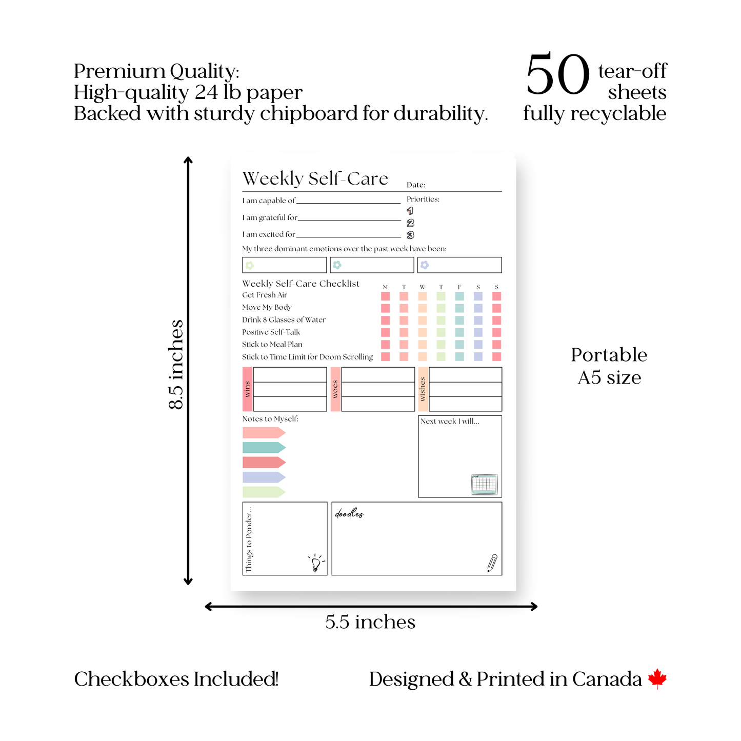 Eleventh and Taylor - Weekly Self-Care Planner: 50 Page Tear-Off Notepad
