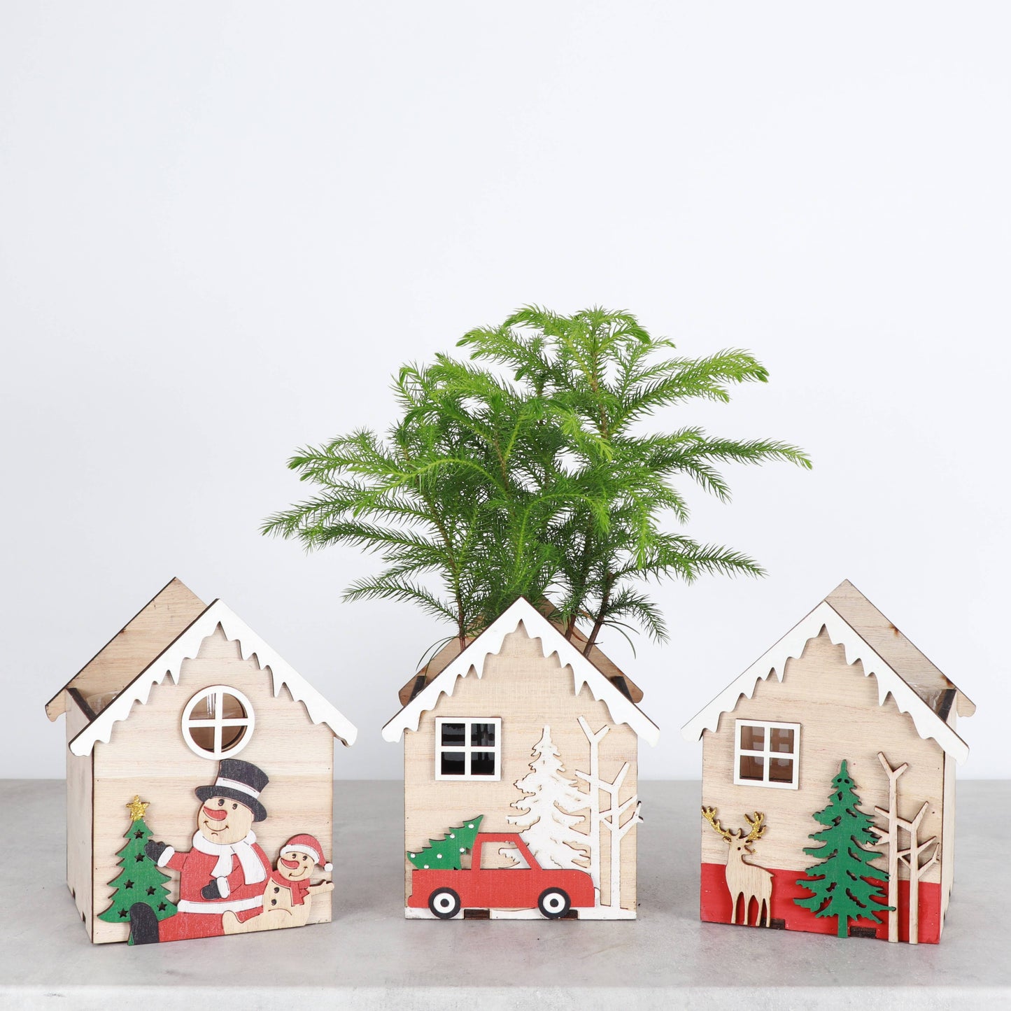 Wood Christmas House Planter for Houseplants