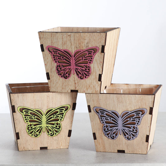 Thorsen's Greenhouse - Butterfly Design Wooden Pot for Houseplants - 4" Size