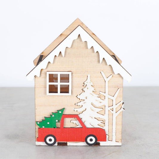 Wood Christmas House Planter for Houseplants